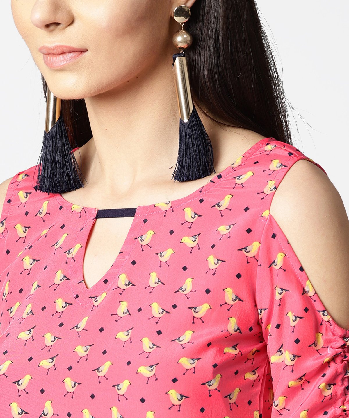 Pink Printed Cold Shoulder Top With Key Hole Neck & Adjustable Drawstrings Gathered Sleeves | LASVINI - Redefining Indian Fashion with Elegance