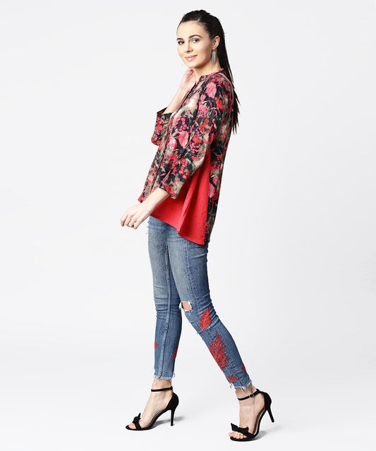 Black & Pink Printed 3/4Th Sleeve Tops With Side Gathered | LASVINI - Redefining Indian Fashion with Elegance