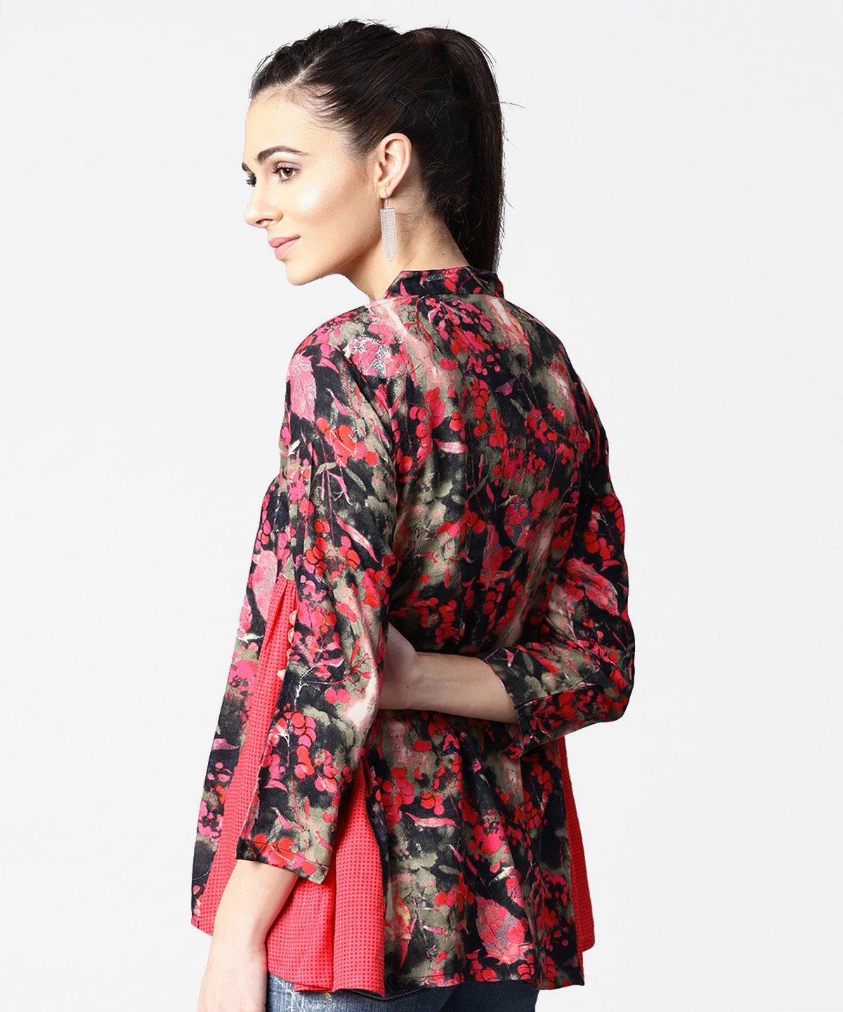 Black & Pink Printed 3/4Th Sleeve Tops With Side Gathered | LASVINI - Redefining Indian Fashion with Elegance