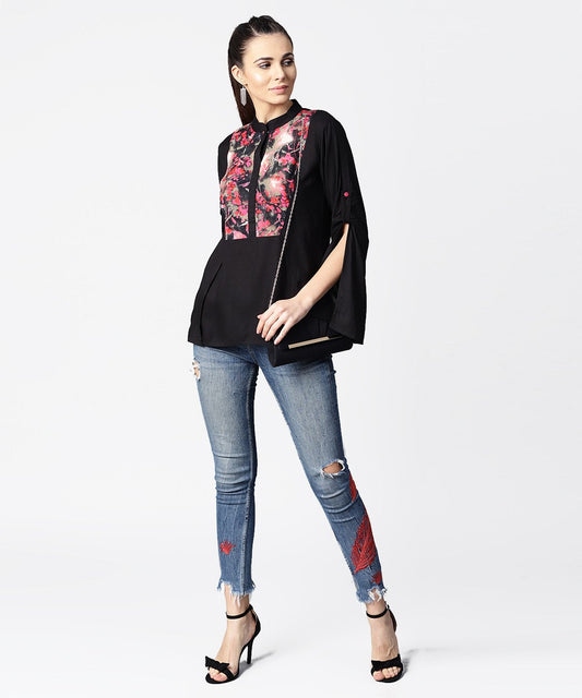 Black Full Sleeve Rayon Tops With Printed Yoke | LASVINI - Redefining Indian Fashion with Elegance