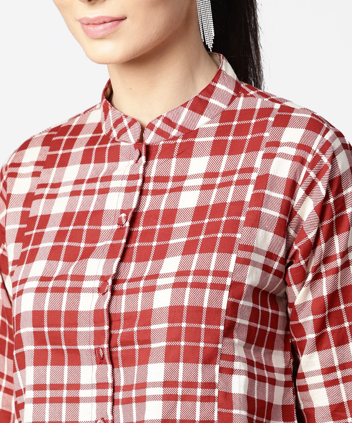 Red Checked 3/4Th Sleeve Cotton Crop Tops | LASVINI - Redefining Indian Fashion with Elegance