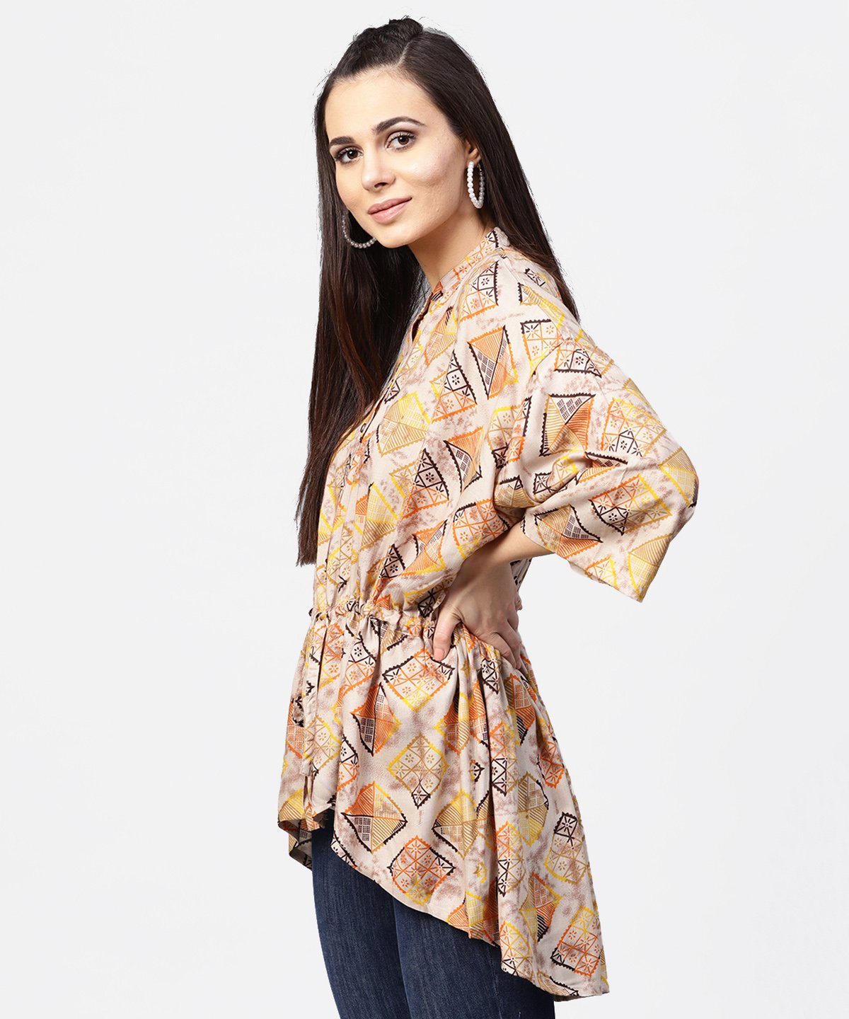 Beige Printed Short Flared Sleeve Rayon Tunic | LASVINI - Redefining Indian Fashion with Elegance