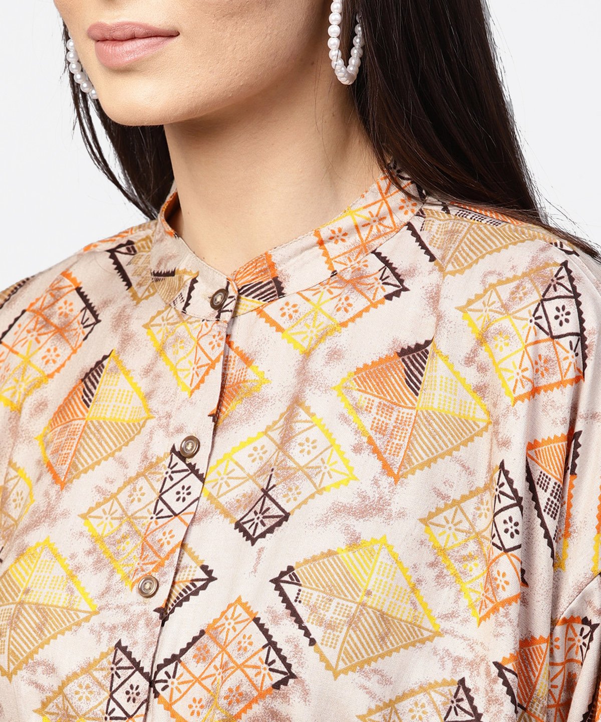 Beige Printed Short Flared Sleeve Rayon Tunic | LASVINI - Redefining Indian Fashion with Elegance