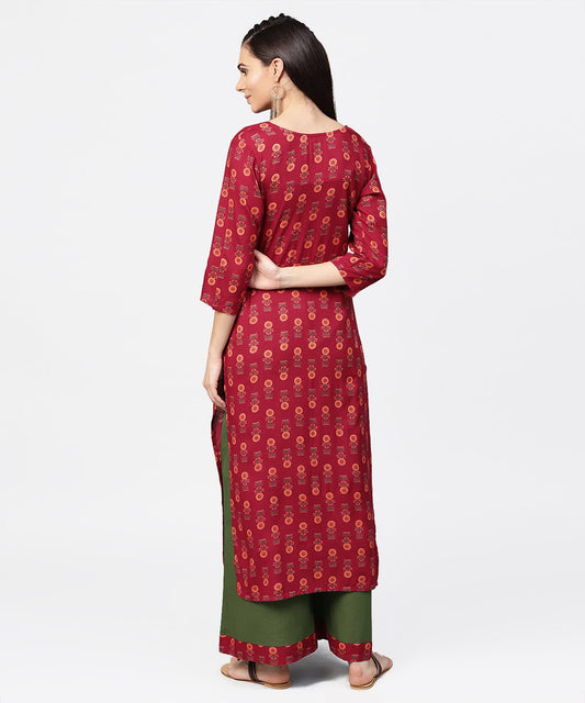 Maroon Printed 3/4Th Sleeve Cotton Kurta With Green Ankle Length Palazzo | LASVINI - Redefining Indian Fashion with Elegance