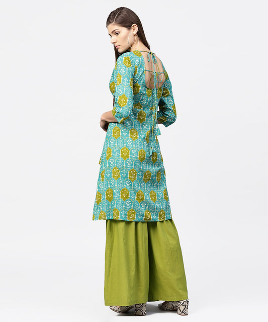 Green Printed 3/4Th Sleeve Cotton High Low Kurta With Green Sharara | LASVINI - Redefining Indian Fashion with Elegance