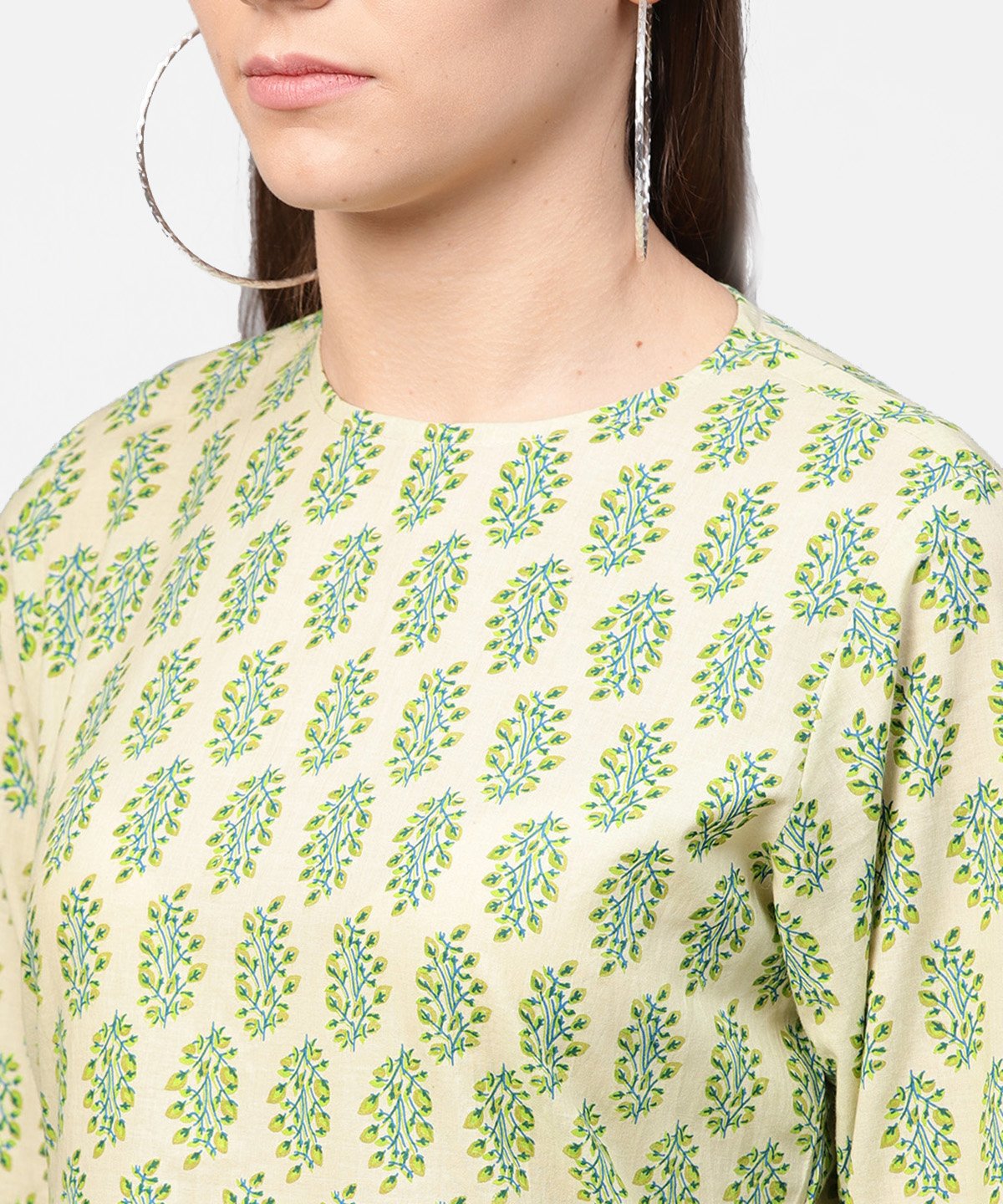 Green Printed 3/4Th Sleeve Cotton Straight Long Kurta | LASVINI - Redefining Indian Fashion with Elegance