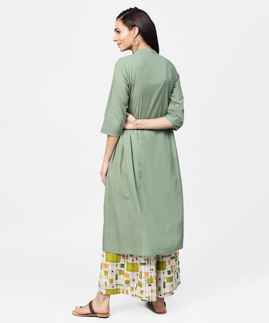 Dark Green Solid 3/4Th Sleeve Cotton A-Line Kurta | LASVINI - Redefining Indian Fashion with Elegance