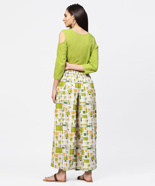 Green 3/4Th Cold Shoulder Sleeve Crop Top With Ankle Length Printed Palazzo | LASVINI - Redefining Indian Fashion with Elegance