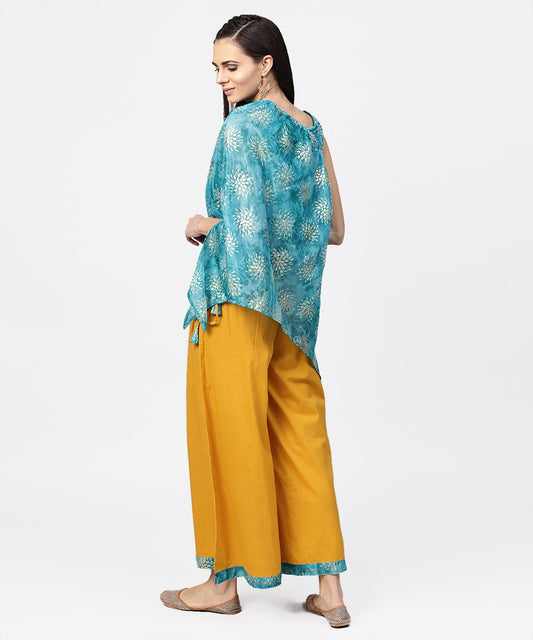 Blue Boho Poncho Style Tops With Yellow Ankle Length Palazzo | LASVINI - Redefining Indian Fashion with Elegance