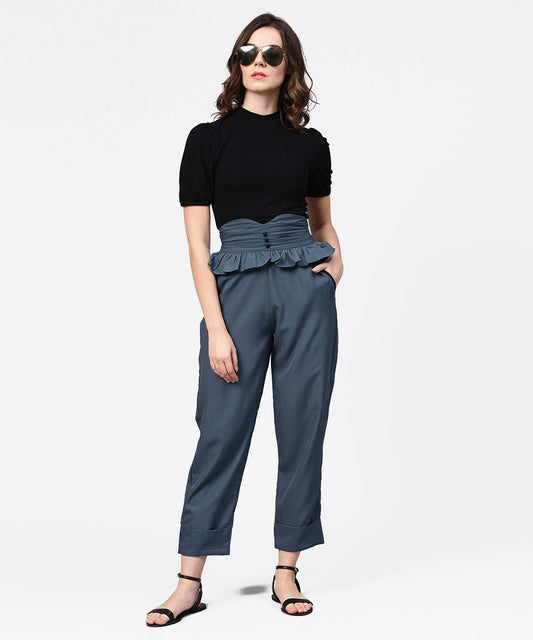 Solid Grey Ankle Length Straight Trouser | LASVINI - Redefining Indian Fashion with Elegance