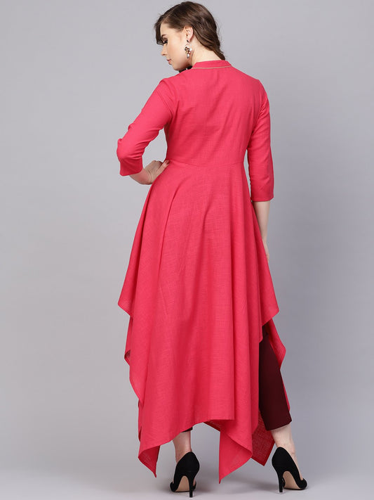 Cotton Fushia Pink Asyemmetric Kurta With Madarin Collar & 3/4 Sleeves | LASVINI - Redefining Indian Fashion with Elegance