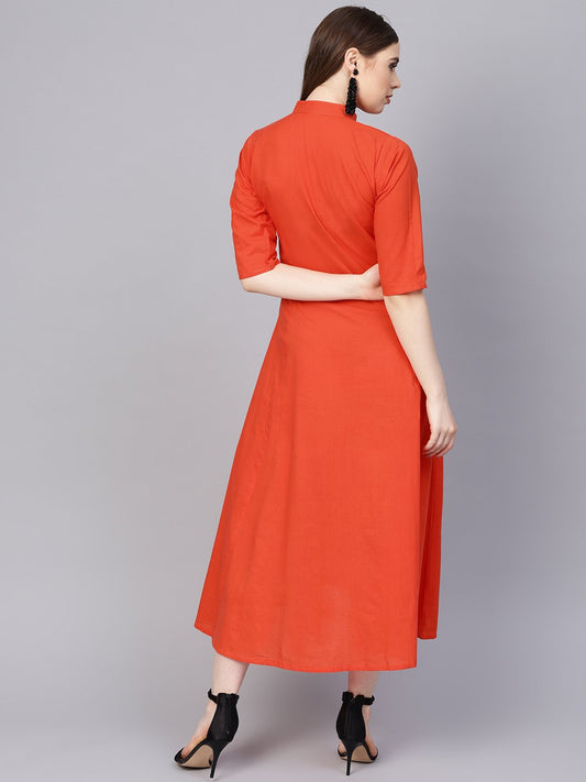 Solid Orange Maxi Dress With Madarin Collar & 3/4 Sleeves | LASVINI - Redefining Indian Fashion with Elegance