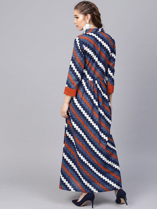 Indigo Blue Geometric Maxi Dress With Shirt Collar & 3/4 Sleeves | LASVINI - Redefining Indian Fashion with Elegance