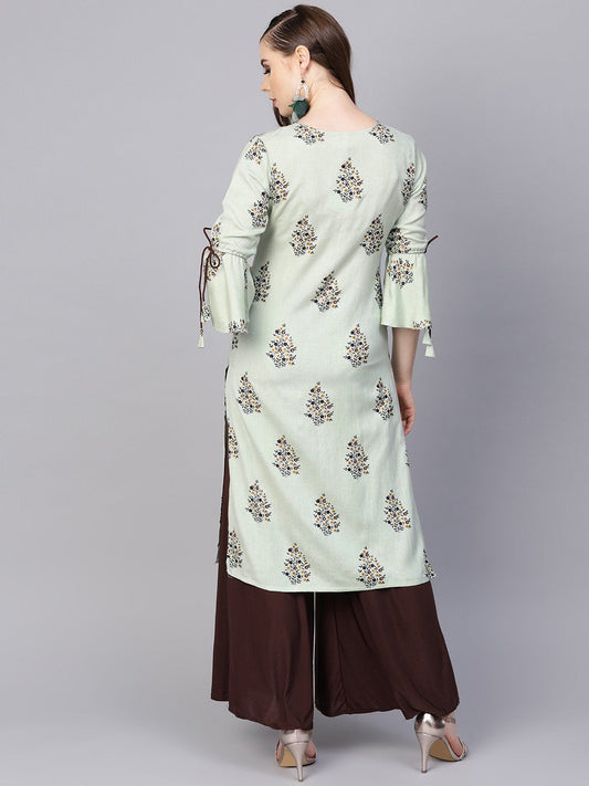 Pista Green Floral Printed Kurta With A Front Keyhole And Flared Sleeves | LASVINI - Redefining Indian Fashion with Elegance