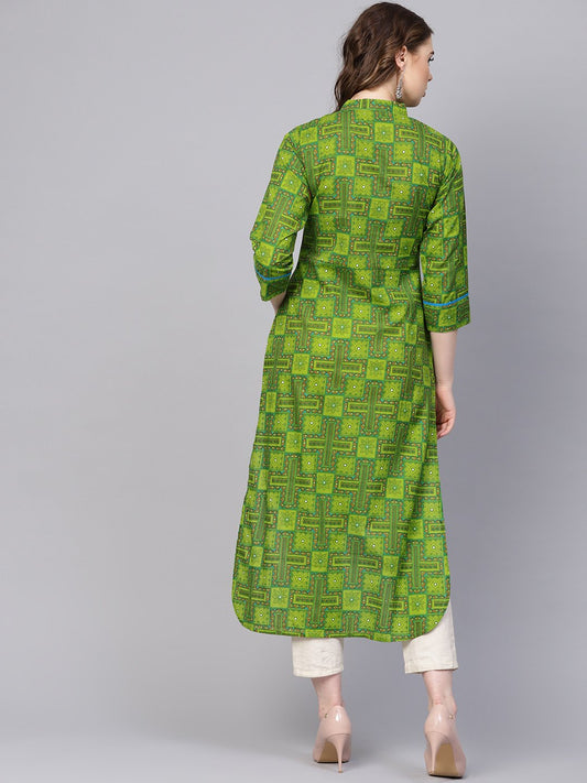 Green Geometric Printed With Closed Collar And Side Placket | LASVINI - Redefining Indian Fashion with Elegance