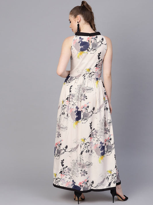 Cream Floral Sleeveless Printed Maxi Dress | LASVINI - Redefining Indian Fashion with Elegance