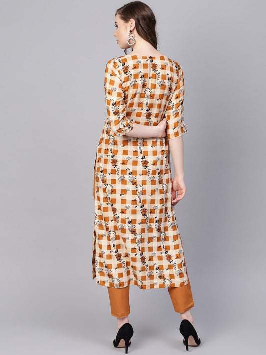 Camel Brown Checked With Florals Kurta Set With Solid Palazzo | LASVINI - Redefining Indian Fashion with Elegance
