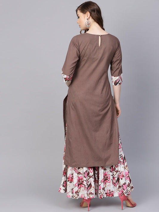 Solid Coffee Brown 3/4Th Sleeve Cotton Kurta With Printed Floral Sharara | LASVINI - Redefining Indian Fashion with Elegance