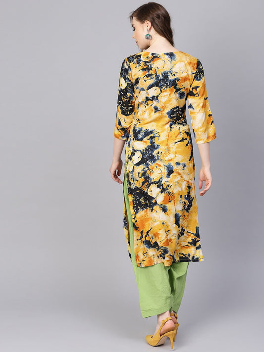 Yellow Marbal Printed Kurta Set With Solid Green Salwar | LASVINI - Redefining Indian Fashion with Elegance