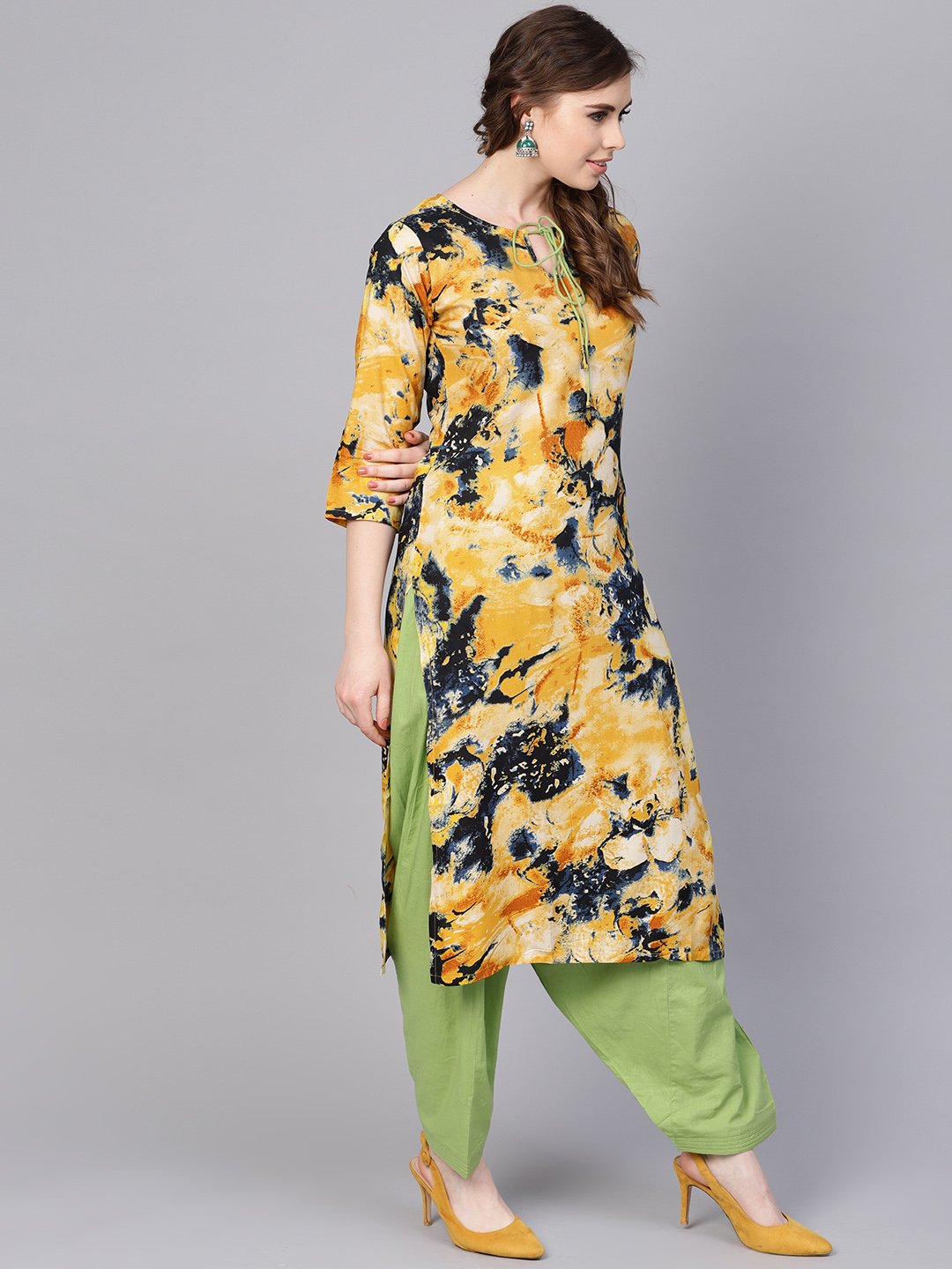 Yellow Marbal Printed Kurta Set With Solid Green Salwar | LASVINI - Redefining Indian Fashion with Elegance