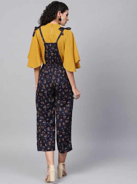 Navy Blue Geometric Printed Knot Style Dungree With Mustard Top | LASVINI - Redefining Indian Fashion with Elegance