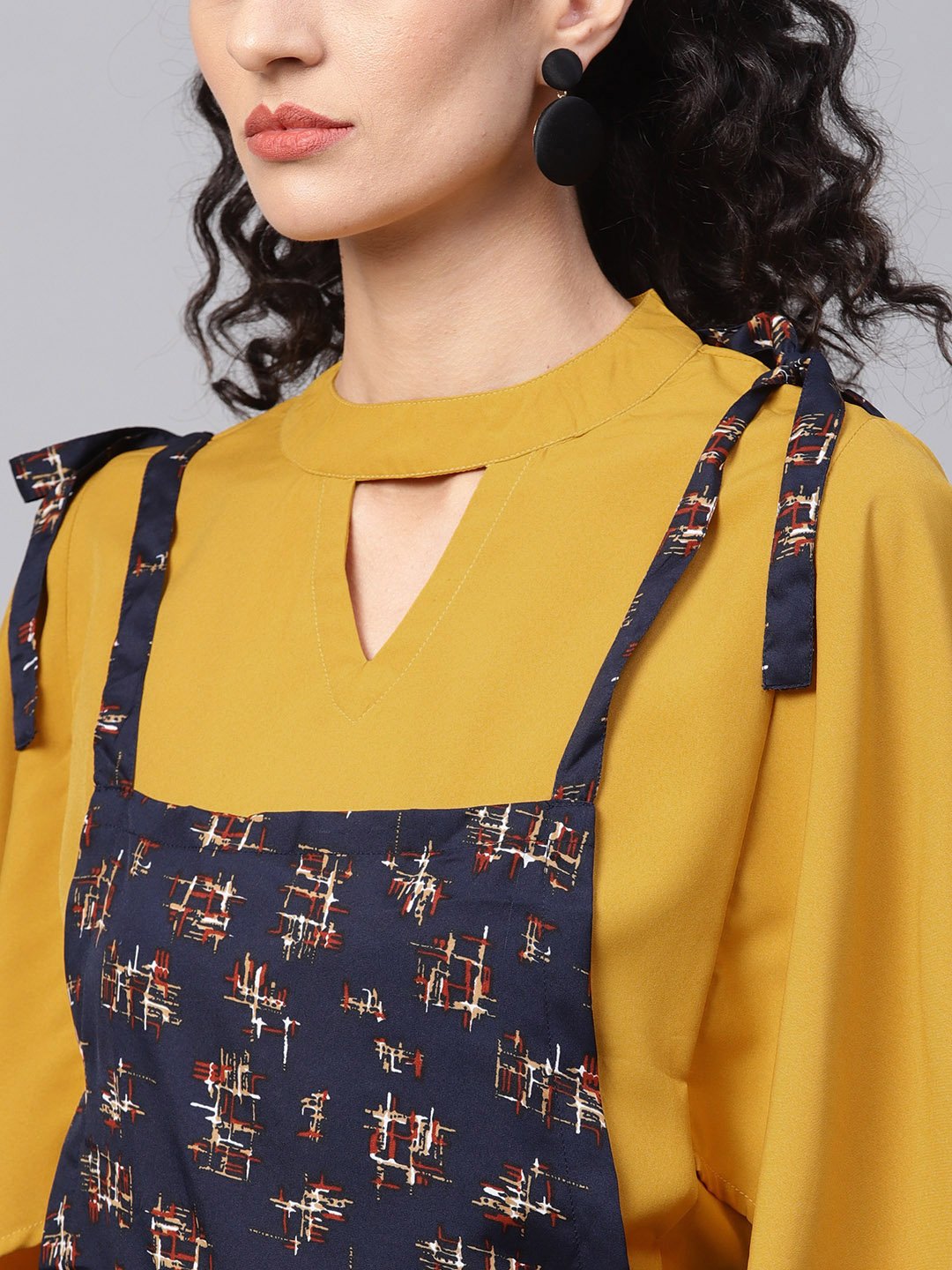 Navy Blue Geometric Printed Knot Style Dungree With Mustard Top | LASVINI - Redefining Indian Fashion with Elegance