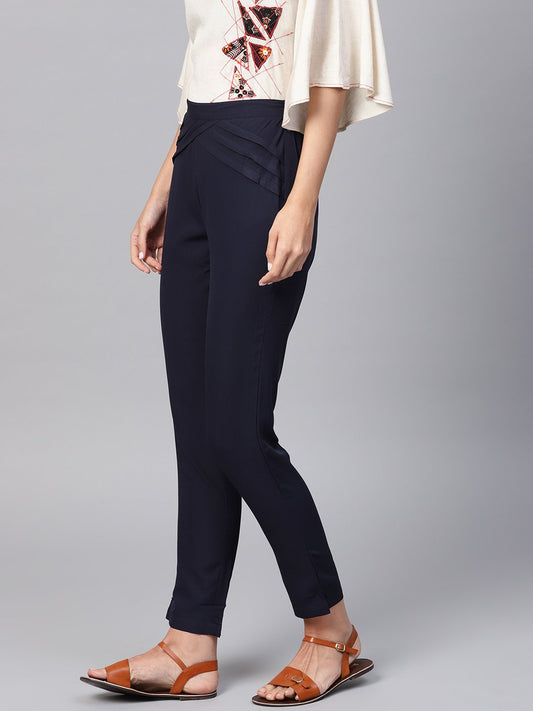 Navy Blue Detailed Pleated Pants | LASVINI - Redefining Indian Fashion with Elegance