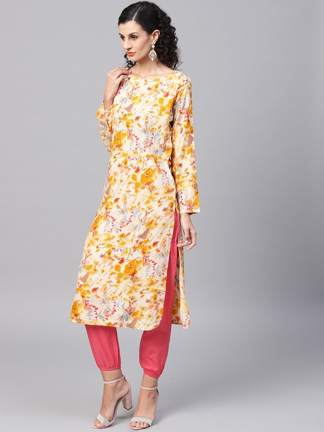 Yellow Coloured Printed Kurta Set With Solid Megenta Pants | LASVINI - Redefining Indian Fashion with Elegance