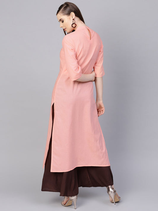 Solid Peach Kurta With Closed Collar And Pleats In Yoke | LASVINI - Redefining Indian Fashion with Elegance