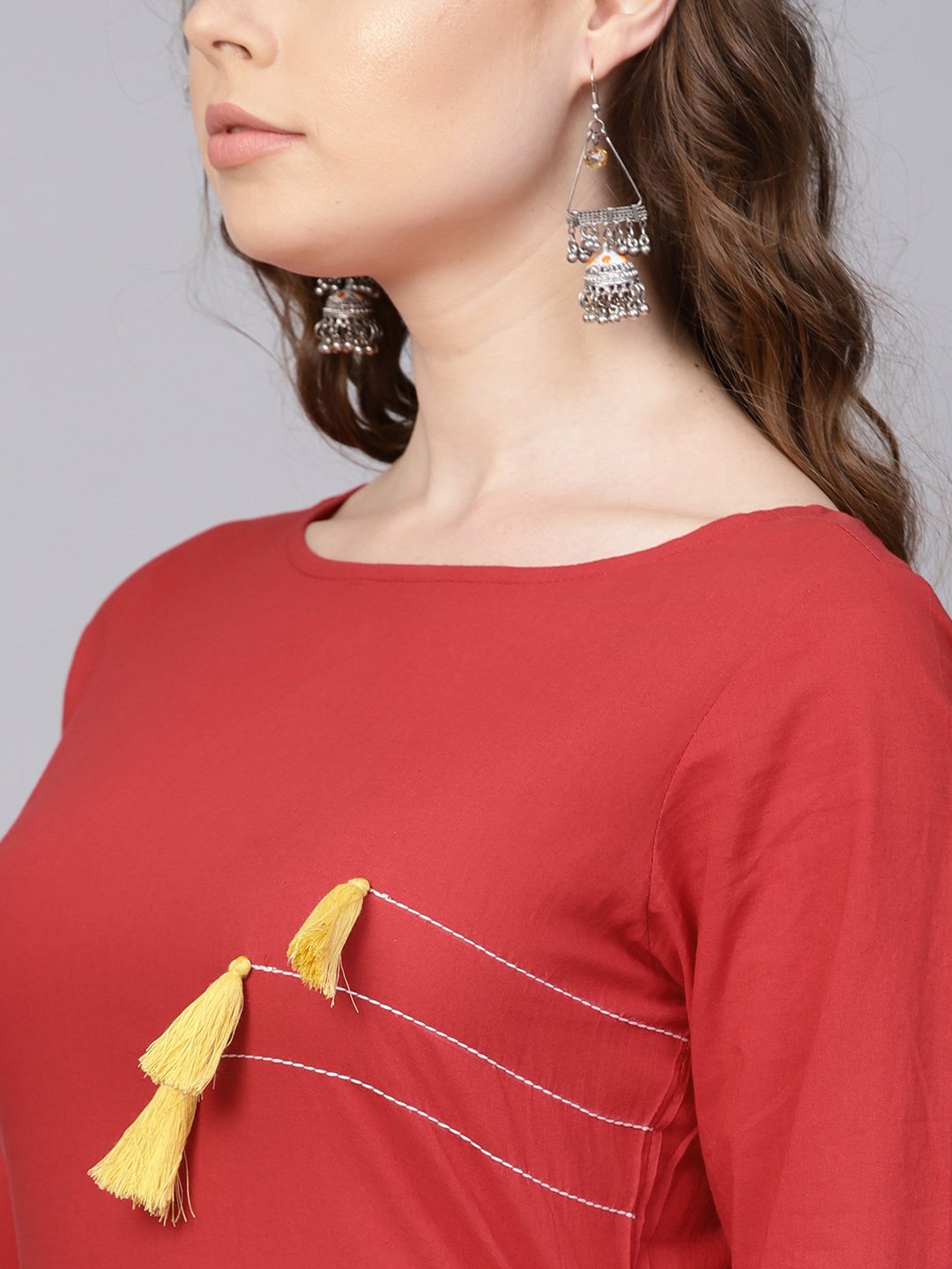 Solid Red Kurta With Thread Stitch And Tassels Detailing With A Round Neck And 3/4Th Sleeves | LASVINI - Redefining Indian Fashion with Elegance