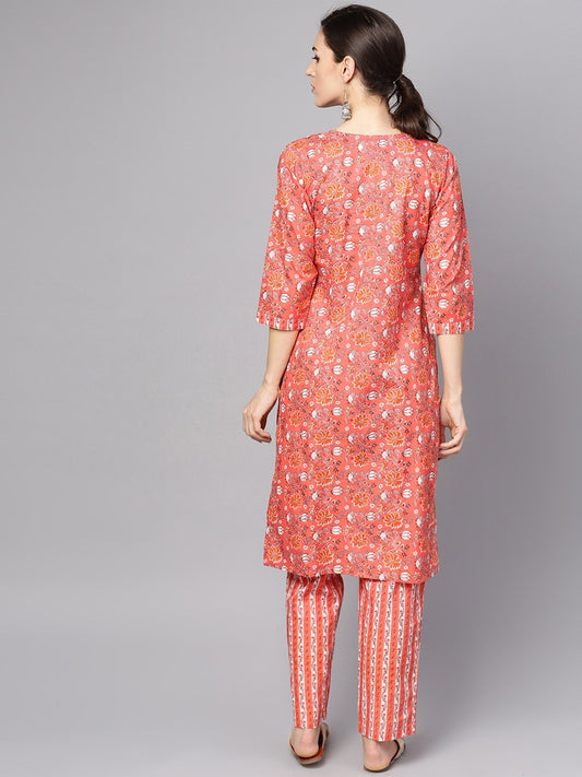 Coral Pink Floral Print Kurta Set With Pants | LASVINI - Redefining Indian Fashion with Elegance