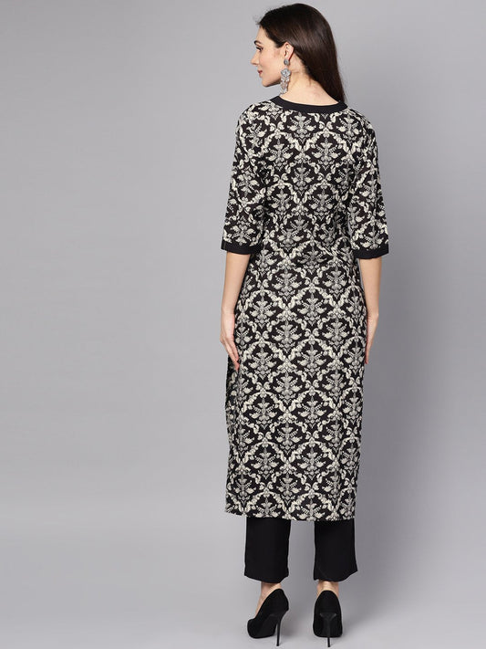 Black & White Floral Printed Kurta Set With Pants | LASVINI - Redefining Indian Fashion with Elegance