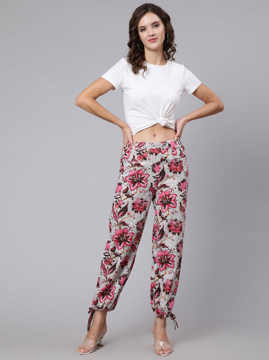 Women Off-White & Pink Floral Printed Trouser | LASVINI - Redefining Indian Fashion with Elegance