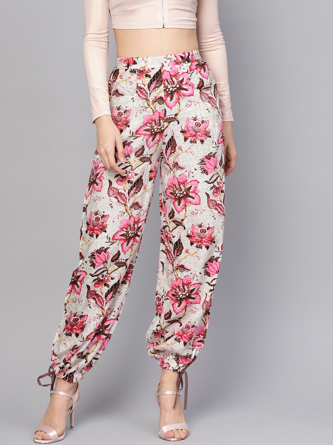 Women Off-White & Pink Floral Printed Trouser | LASVINI - Redefining Indian Fashion with Elegance