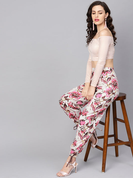 White & Chocolate Brown Printed Palazzo With Drawstring At Bottom | LASVINI - Redefining Indian Fashion with Elegance