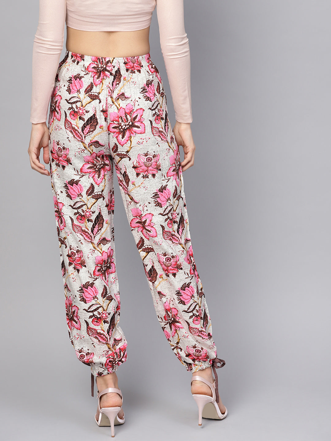 Women Off-White & Pink Floral Printed Trouser | LASVINI - Redefining Indian Fashion with Elegance