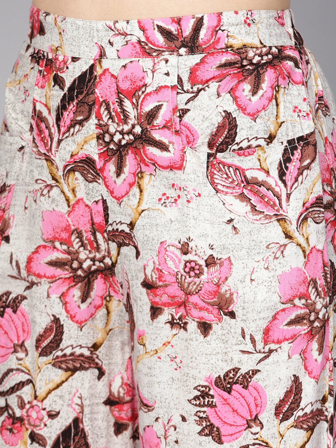Women Off-White & Pink Floral Printed Trouser | LASVINI - Redefining Indian Fashion with Elegance
