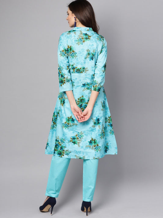 Sky Blue Floral Printed Kurta Set With Solid Pants | LASVINI - Redefining Indian Fashion with Elegance