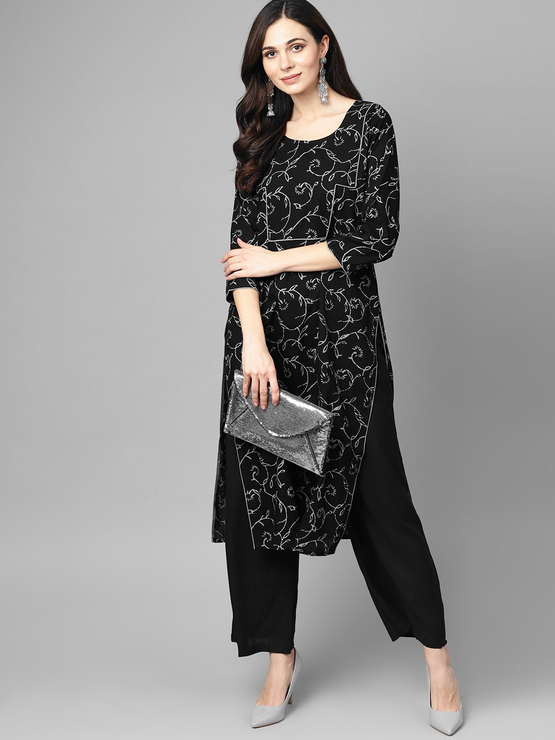 Black & Grey Floral Printed Kurta Set With Solid Black Palazzo | LASVINI - Redefining Indian Fashion with Elegance