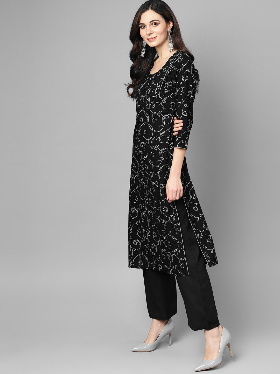 Black & Grey Floral Printed Kurta Set With Solid Black Palazzo | LASVINI - Redefining Indian Fashion with Elegance