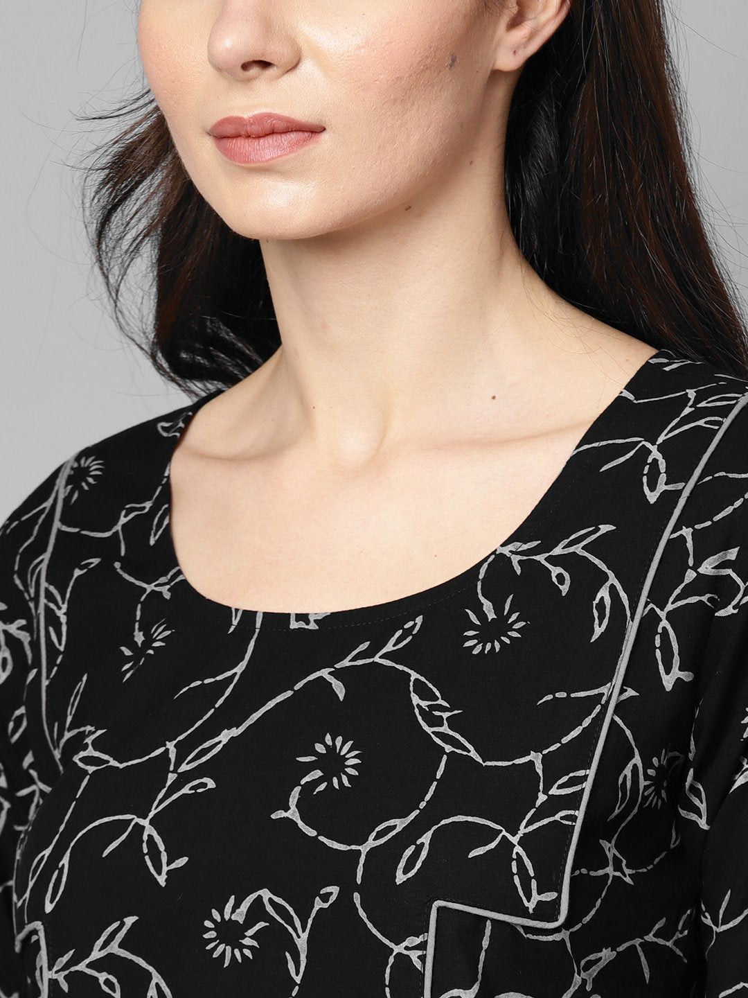 Black & Grey Floral Printed Kurta Set With Solid Black Palazzo | LASVINI - Redefining Indian Fashion with Elegance