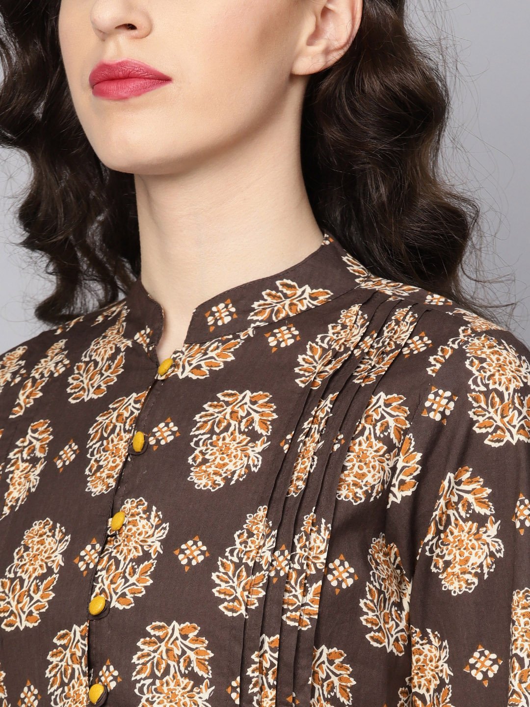 Chocolate Brown Printed Tunic With Madarin Collar And 3/4 Sleeves | LASVINI - Redefining Indian Fashion with Elegance