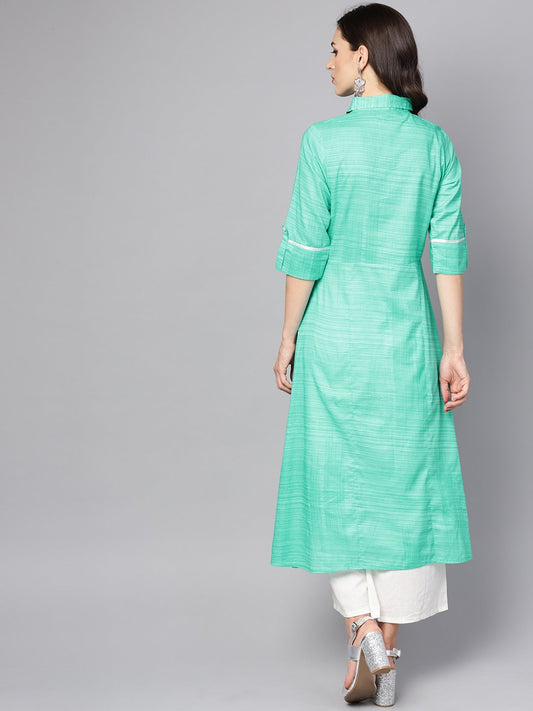 Turquoise Blue A-Line Kurta With Shirt Collar & 3/4 Sleeves | LASVINI - Redefining Indian Fashion with Elegance