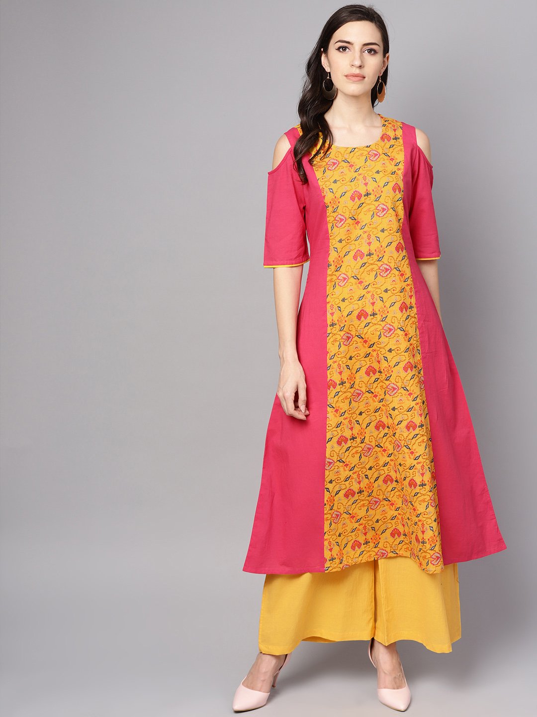 Yellow Patola Printed Cold Shoulder Sleeve Cotton Kurta With Solid Flared Palazzo | LASVINI - Redefining Indian Fashion with Elegance