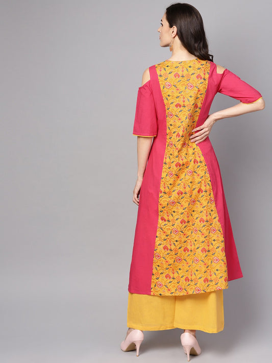 Yellow Patola Printed Cold Shoulder Sleeve Cotton Kurta With Solid Flared Palazzo | LASVINI - Redefining Indian Fashion with Elegance