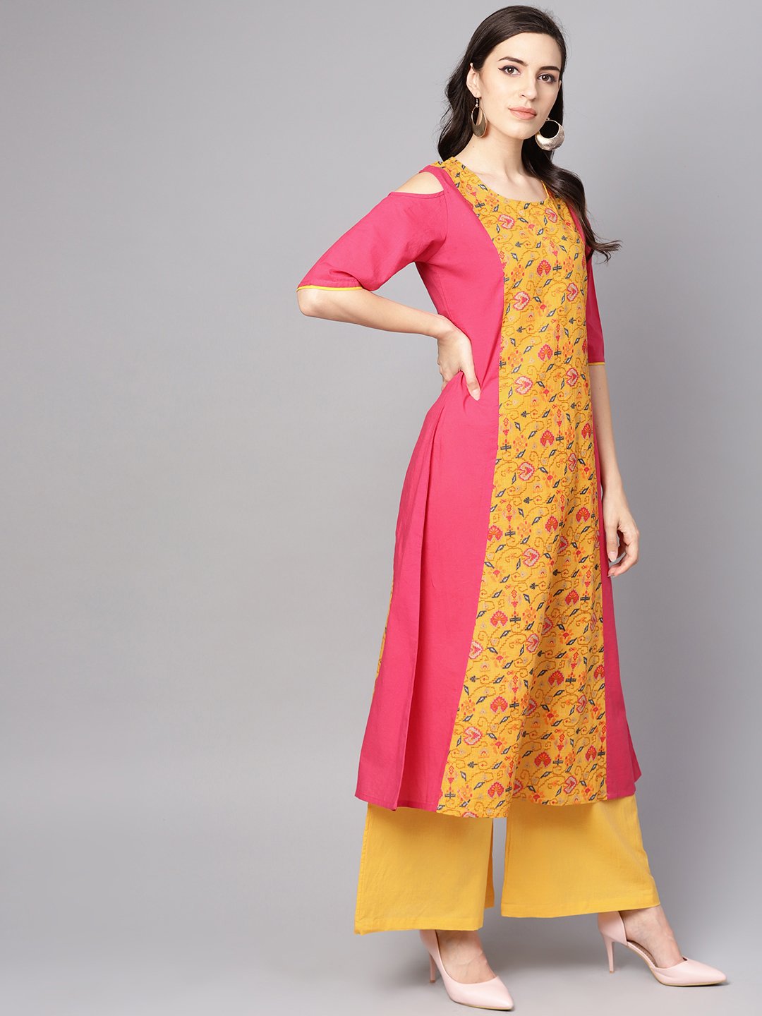 Yellow Patola Printed Cold Shoulder Sleeve Cotton Kurta With Solid Flared Palazzo | LASVINI - Redefining Indian Fashion with Elegance