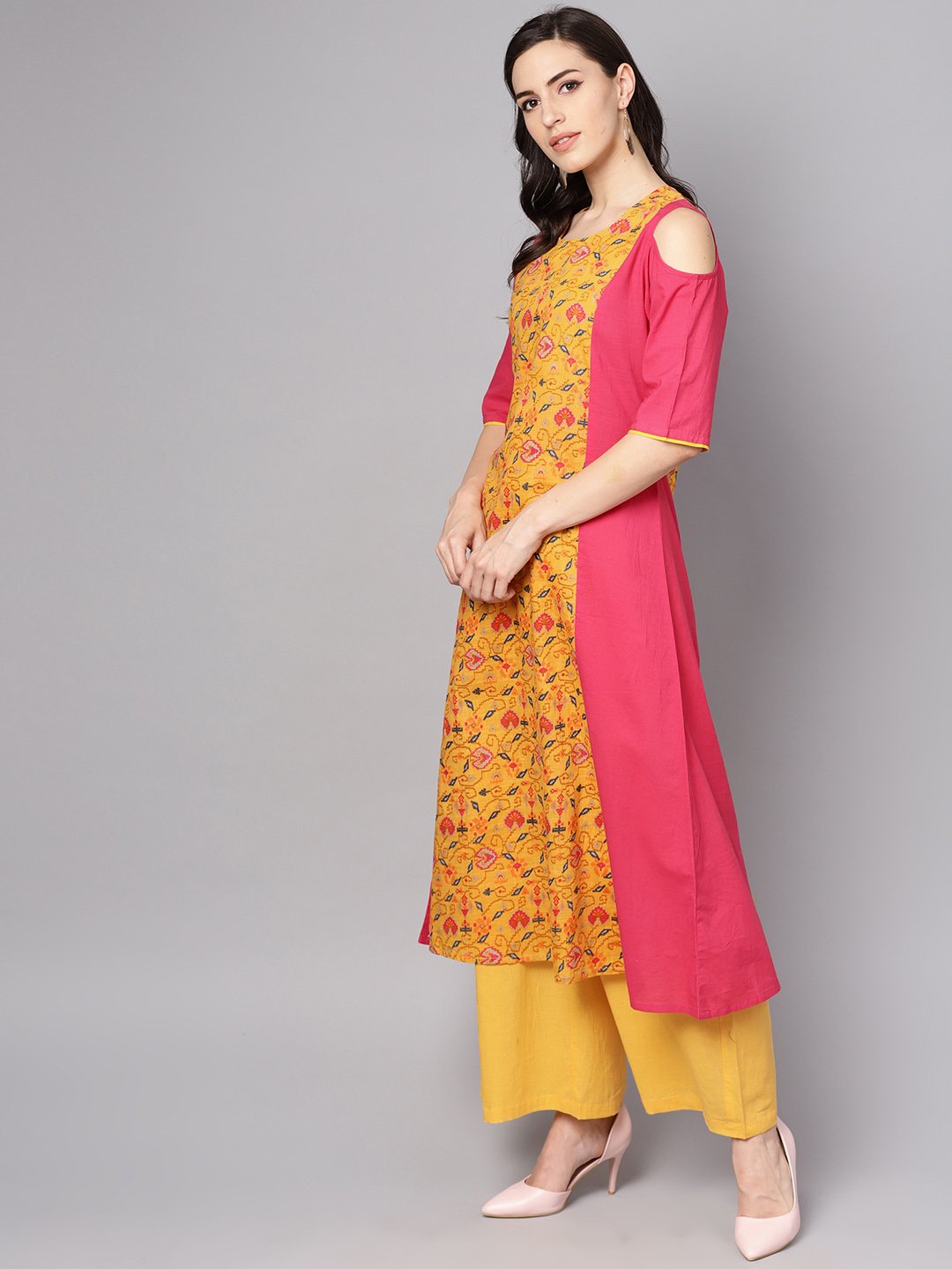 Yellow Patola Printed Cold Shoulder Sleeve Cotton Kurta With Solid Flared Palazzo | LASVINI - Redefining Indian Fashion with Elegance