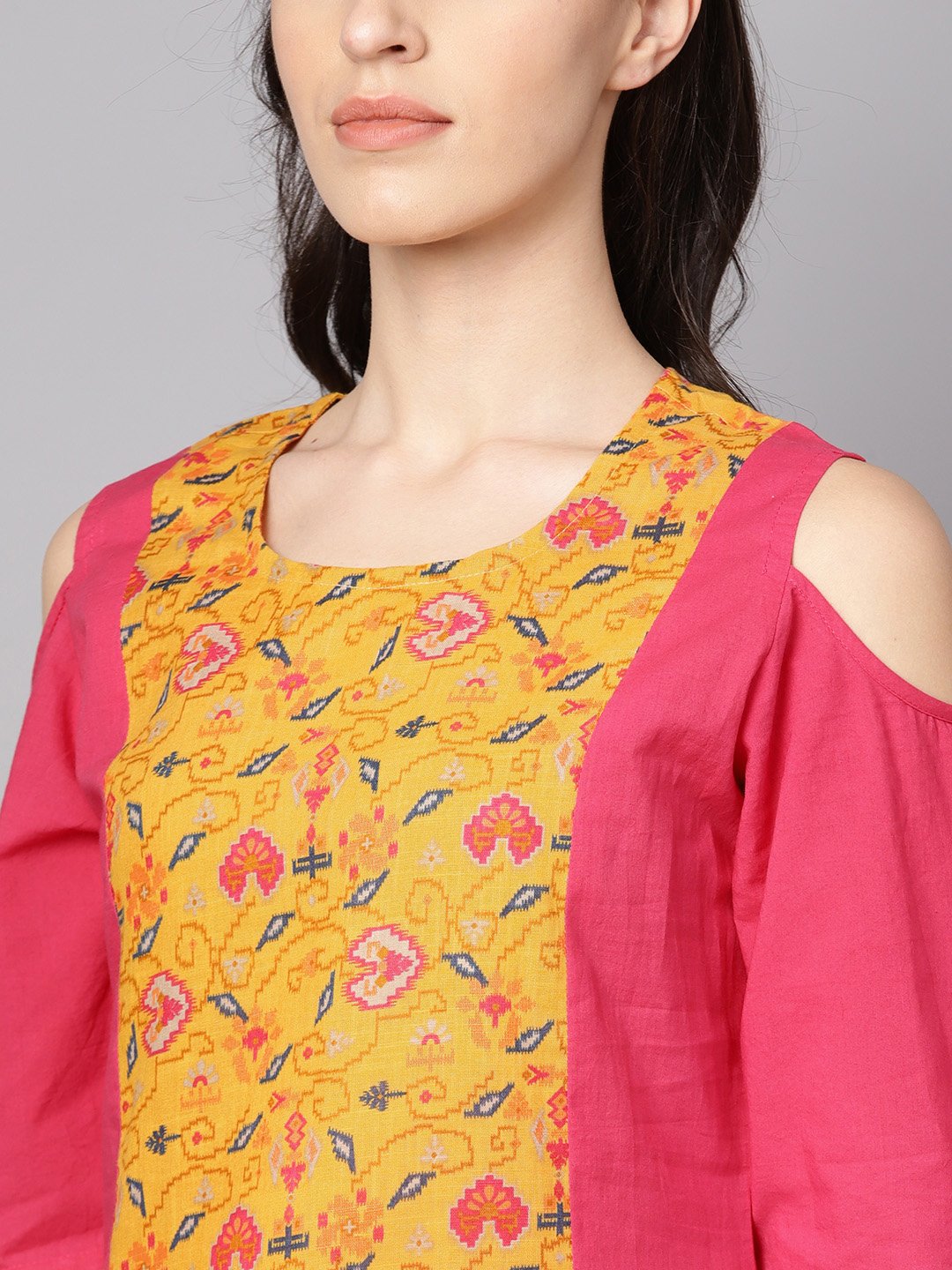 Yellow Patola Printed Cold Shoulder Sleeve Cotton Kurta With Solid Flared Palazzo | LASVINI - Redefining Indian Fashion with Elegance