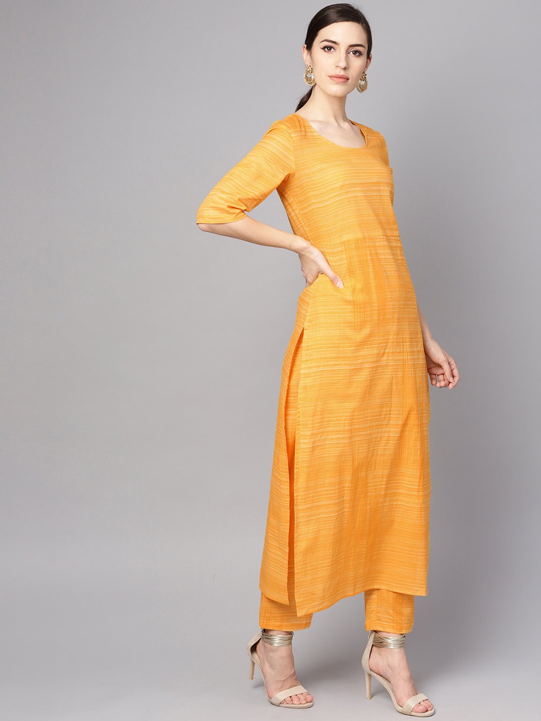Yellow Cotton Slub Half Sleeve Kurta Set With Pants | LASVINI - Redefining Indian Fashion with Elegance