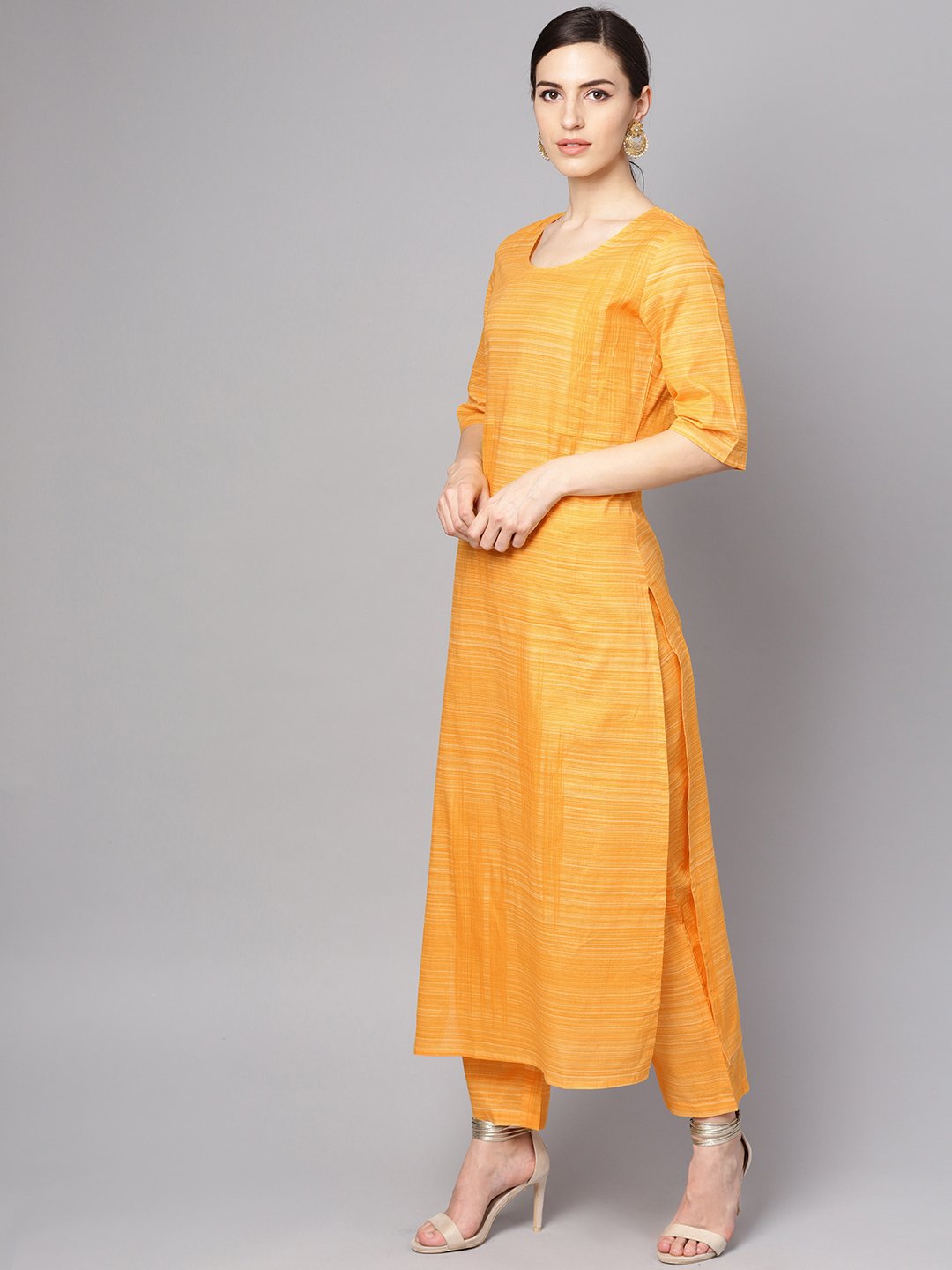 Yellow Cotton Slub Half Sleeve Kurta Set With Pants | LASVINI - Redefining Indian Fashion with Elegance